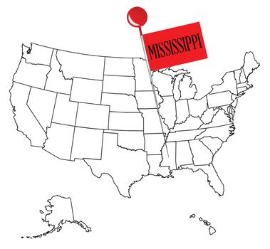 An outline map of USA with a knob pin in the state of Mississippi