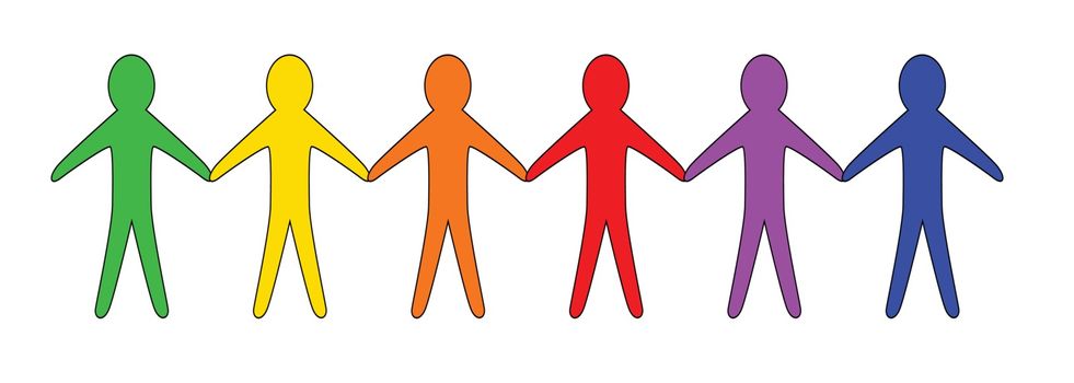 A collection of paper cutout people holding hands made from the LGBT rainbow colours