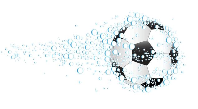 Blobs of water and a soccer ball set against a white background