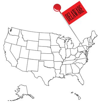 An outline map of USA with a knob pin in the state of Delaware