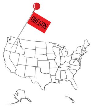 An outline map of USA with a knob pin in the state of Oregon