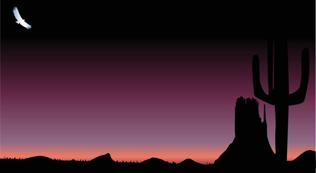 A Texan desert dark sunset scene with cactus