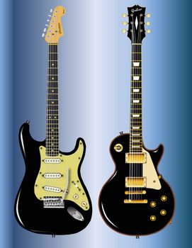 The definitive rock and roll guitars in black over a blue background
