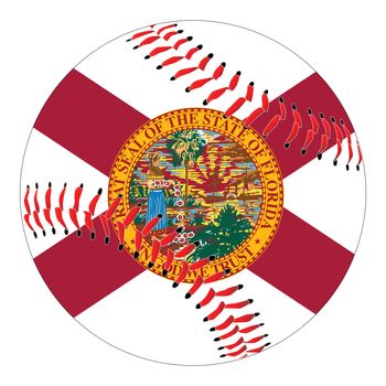 A new white baseball with red stitching with the Florida state flag overlay isolated on white