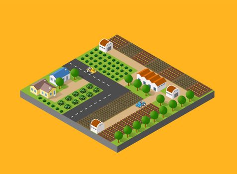 Isometric farm with the houses, streets and buildings. The three-dimensional top view of a rural landscape with nature and with the town streets