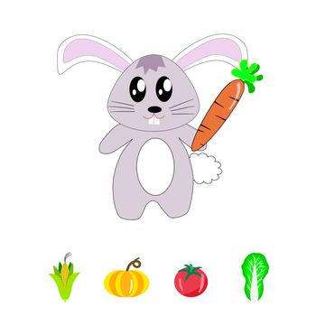 a little lovely rabbit with carrot, corn, pumpkin, tomato and cabbage on white background.