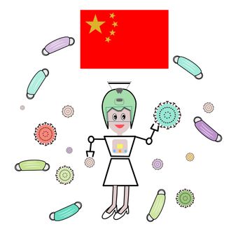 antivirus with robot nurse and medical mask in Chinese on white background.