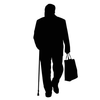 Old man silhouette with stick and shopping bag on white background, vector illustration