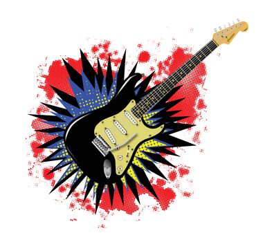 Solid electric guitar in a cartoon comic style explosion
