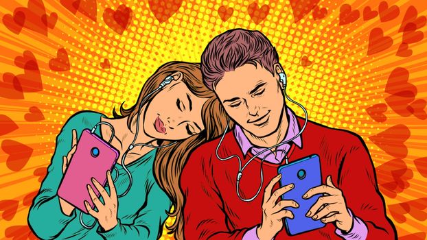 A couple in love, a young man and a girl are chatting on social networks by phone. Pop art retro vector illustration 50s 60s style