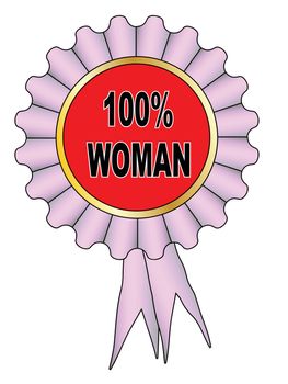 A pink rosette with the legend 100 percent woman over white