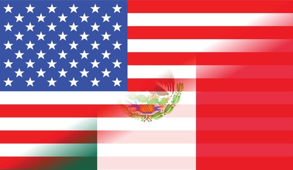 Flag of the South American country of Mexico blended below the USA Stars and Stripes flag