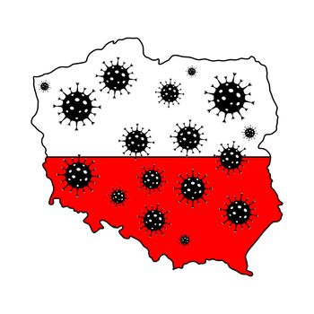 Stop coronavirus in Poland. Poland map flag with corona virus symbols.Quarantine in Poland. Flu spreading of world,  Dangerous chinese ncov corona virus Covid-19, SARS pandemic risk alert
