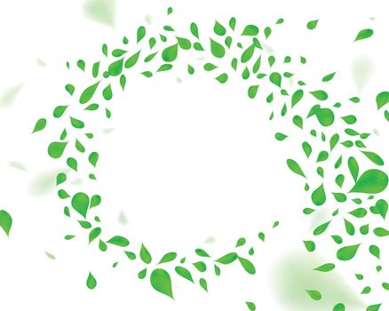 Swirling green leafs in the wind, on white isolated background. Soft elegant decoration element with blurred effect, 3D illustration.