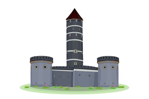 Medieval castle with fortified wall and towers. Ancient castle, fortress, citadel or stronghold with arches . Flat gray stock vector.