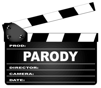A typical movie clapperboard with the legend Parody isolated on white.