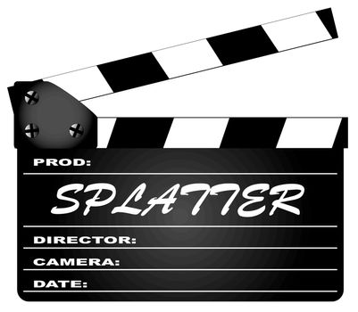 A typical movie clapperboard with the legend Splatter isolated on white.