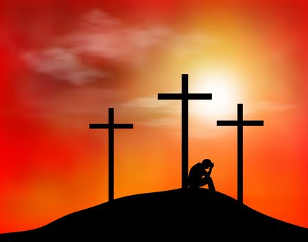A man is sitting near the cross. Three crosses are located on a hill. Sky, clouds, sunset. The concept of sadness and hope. Religion.