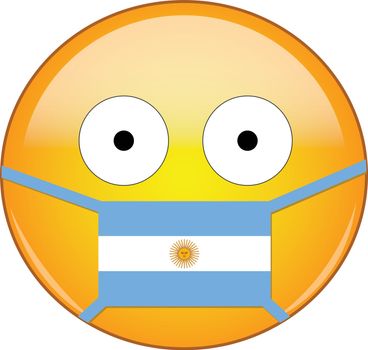 Yellow scared emoji in Argentinian medical mask protecting from SARS, coronavirus, bird flu and other viruses, germs and bacteria and contagious disease as well as toxic smog andpollution in Argentina