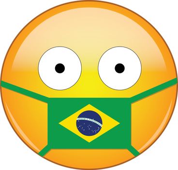 Yellow scared emoji in Brazilian medical mask protecting from SARS, coronavirus, bird flu and other viruses, germs and bacteria and contagious disease as well as toxic smog and air pollution in Brazil