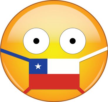 Yellow scared emoji in Chilean medical mask protecting from SARS, coronavirus, bird flu and other viruses, germs and bacteria and contagious disease as well as toxic smog in Chile.