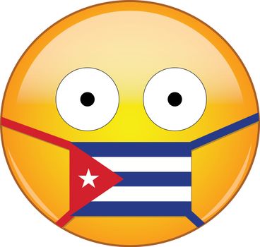 Yellow scared emoji in Cuban medical mask protecting from SARS, coronavirus, bird flu and other viruses, germs and bacteria and contagious disease as well as toxic smog in Cuba.