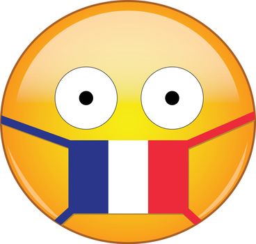 Yellow scared emoji in French medical mask protecting from SARS, coronavirus, bird flu and other viruses, germs and bacteria and contagious disease as well as toxic smog and air pollution in France.