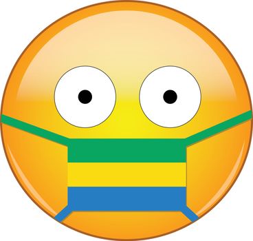 Yellow scared emoji in Gabonese medical mask protecting from SARS, coronavirus, bird flu and other viruses, germs and bacteria and contagious disease as well as toxic smog in Gabon.