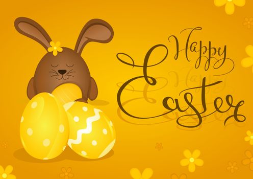 Happy Easter Greeting Card with Brown Bunny on Yellow Background with Calligraphic Lettering and Easter Eggs, Vector Illustration