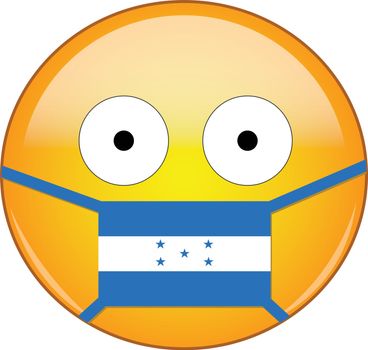 Yellow scared emoji in Honduran medical mask protecting from SARS, coronavirus, bird flu and other viruses, germs and bacteria and contagious disease as well as toxic smog in Honduras.