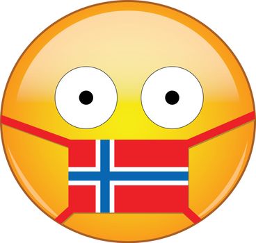 Yellow scared emoji in Norwegian medical mask protecting from SARS, coronavirus, bird flu and other viruses, germs and bacteria and contagious disease as well as toxic smog and air pollution in Norway
