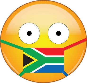 Yellow scared emoji in South African medical mask protecting from SARS, coronavirus, bird flu and other viruses, germs and bacteria and contagious disease as well as toxic smog in South Africa.