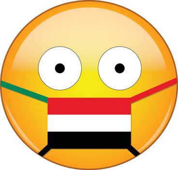 Yellow scared emoji in Yemeni medical mask protecting from SARS, coronavirus, bird flu and other viruses, germs and bacteria and contagious disease as well as toxic smog in Yemen.