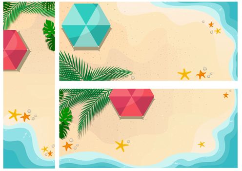 Set of Summer Time Backgrounds or Banners - Colored Illustrations with Sandy Beach and Seacoast and Sunshade with Palm Leafs and Starfish, Vector