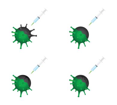 Antiviral drug concept set, isolated white background. The gray part of the green molecule symbolizes the destruction of the virus. Design elements with and without cracks.