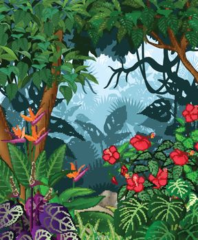 Forest View With Dense Trees and Ivy Flowers Cartoon