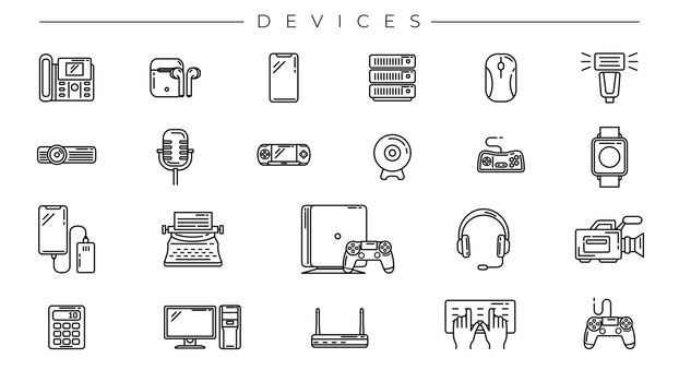 Set of line style vector icons on the theme of Devices. Home and business gadgets.