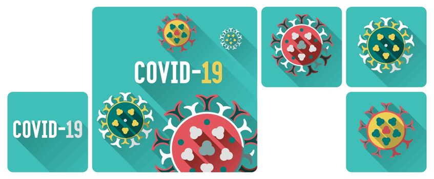 Set of flat COVID-19 Coronavirus infection icons with long shadows. Design elements with stylized virus vector illustrations.