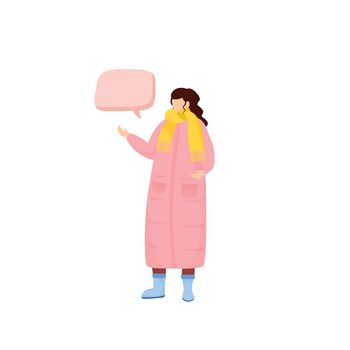 Cold weather outfit flat color vector faceless character. Woman in winter coat with scarf. Person with speech bubble isolated cartoon illustration for web graphic design and animation. ZIP file contains: EPS, JPG.