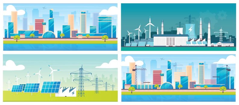 Sustainable energy and architecture flat color vector illustrations set. Eco friendly electric stations and cities 2D cartoon landscapes. Alternative power plants, metropolis and construction site. ZIP file contains: EPS, JPG.