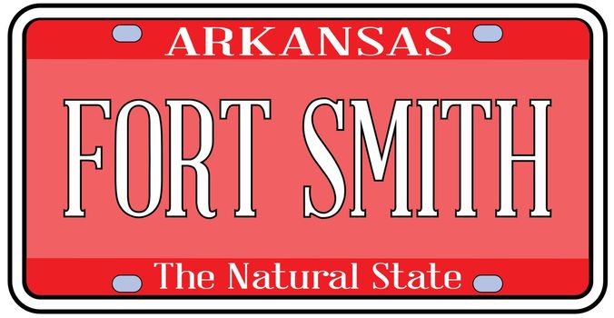 Arkansas state license plate in the colors of the state flag with the city Fort Smith text over a white background