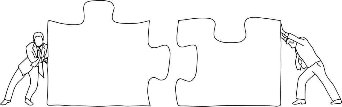 Two businessmen connecting two pieces of jigsaw puzzle together vector illustration sketch doodle hand drawn with black lines isolated on white background