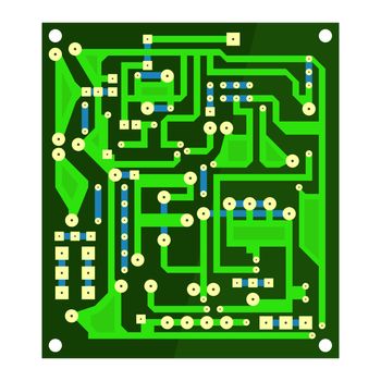 Green Circuit Board Isolated on White Background. Flat Design. Modern Computer Technology Background. Burning Circuit Board Pattern. High Tech Printed Symbol.