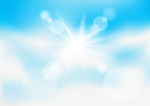 Blue sky with clouds and sun lights. Sunshine cloud template. Realistic sunny effect