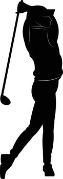 vector black and white illustration of a girl who plays golf, golf player, golfer