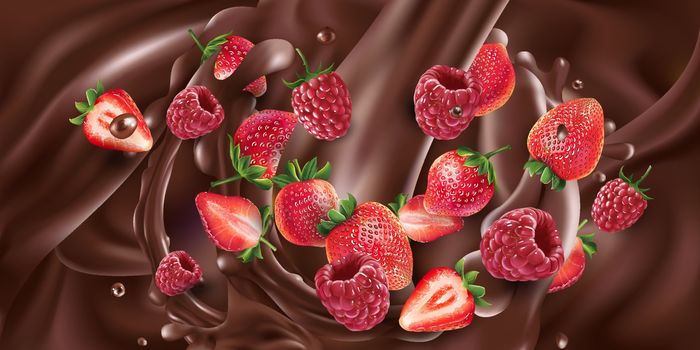 Strawberries and raspberries in liquid chocolate. Realistic vector illustration.
