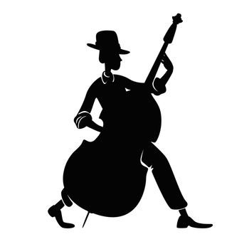 Musician with double bass black silhouette illustration. Jazz band member. Confident, cool person pose. Man playing musical instrument 2d cartoon character shape for commercial, animation, printing