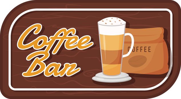 Coffee bar flat color vector label. Organic blend packaging sticker. Caramel macchiato with whipped cream. Roasted beans patch, signboard with typography. Mocha isolated cartoon design element. ZIP file contains: EPS, JPG.