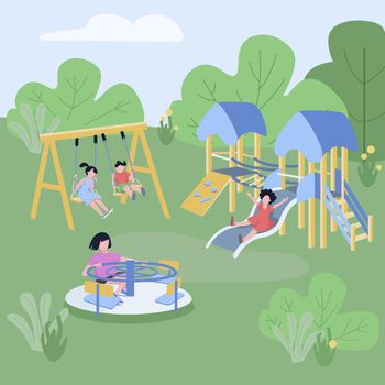 Children play zone flat color vector illustration. Boys and girls having fun outdoors, preschoolers relaxing on playground 2D cartoon characters with trees and flowers on background. ZIP file contains: EPS, JPG.