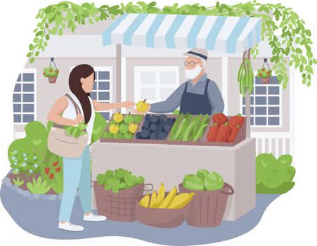 Vegetable market 2D vector web banner, poster. Organic products seller and buyer flat characters on cartoon background. Eco friendly produce, street trading printable patches, colorful web elements. ZIP file contains: EPS, JPG.